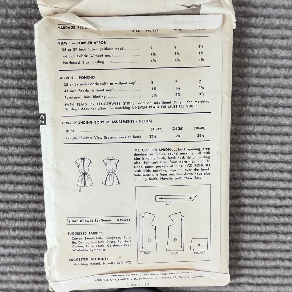 Vintage Advance 7878 Sewing Pattern 1950s Cobbler Apron Poncho Size Large 38-40 - Picture 2 of 2